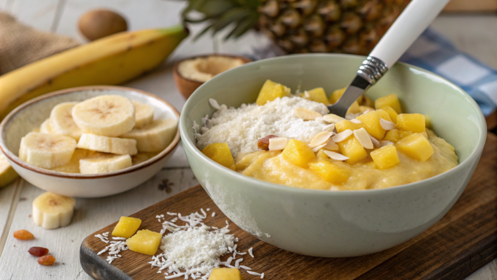 A sliced loaf of Hawaiian banana bread topped with toasted coconut, surrounded by fresh bananas, pineapple, and macadamia nuts on a rustic table.





