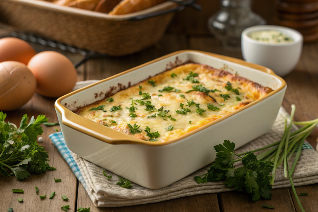 Perfectly baked egg casserole with golden edges and fresh herbs, served warm as a breakfast dish.





