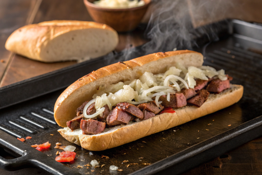 A juicy Philly cheesesteak sandwich with tender rib-eye slices, melted cheese, and caramelized onions served on a golden toasted hoagie roll.





