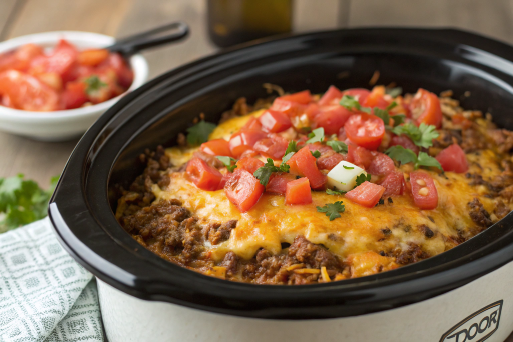 Layered Taco Crock Pot Hashbrown Casserole with golden melted cheese, garnished with diced tomatoes and green onions, served warm.





