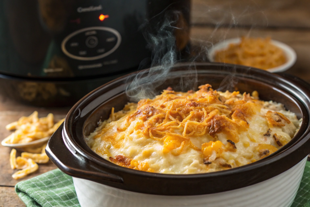 Golden Cracker Barrel Crockpot Hashbrown Casserole served on a plate with a fork, garnished with fresh parsley and melted cheese.





