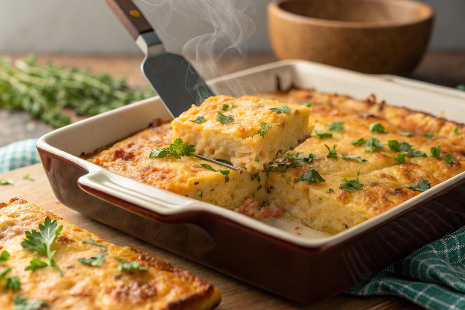 A golden-brown hashbrown breakfast casserole topped with melted cheese, served in a white baking dish with fresh parsley garnish.