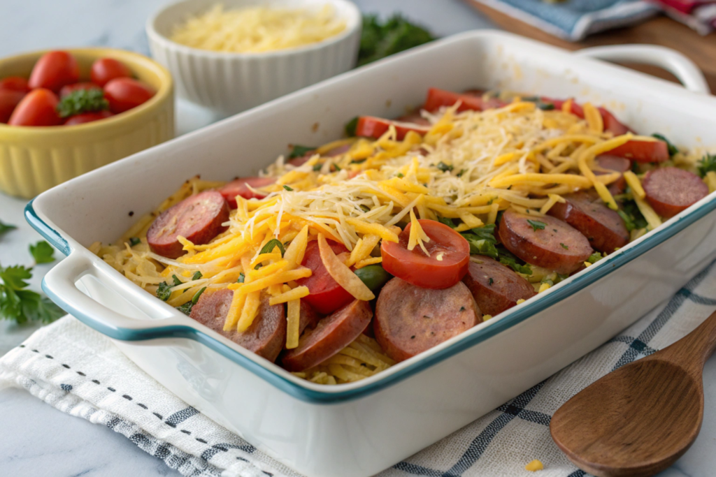 A golden-brown hashbrown breakfast casserole topped with melted cheese, served in a white baking dish with fresh parsley garnish.






