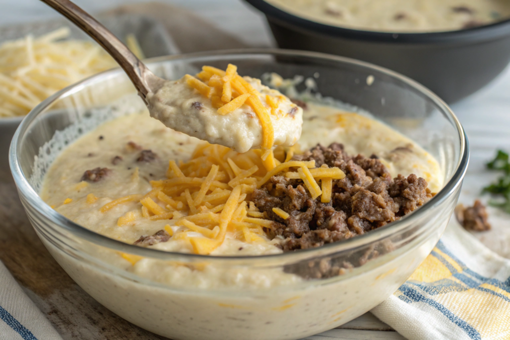 A freshly baked hashbrown casserole with ground beef, golden and cheesy on top, garnished with parsley, served in a white baking dish.





