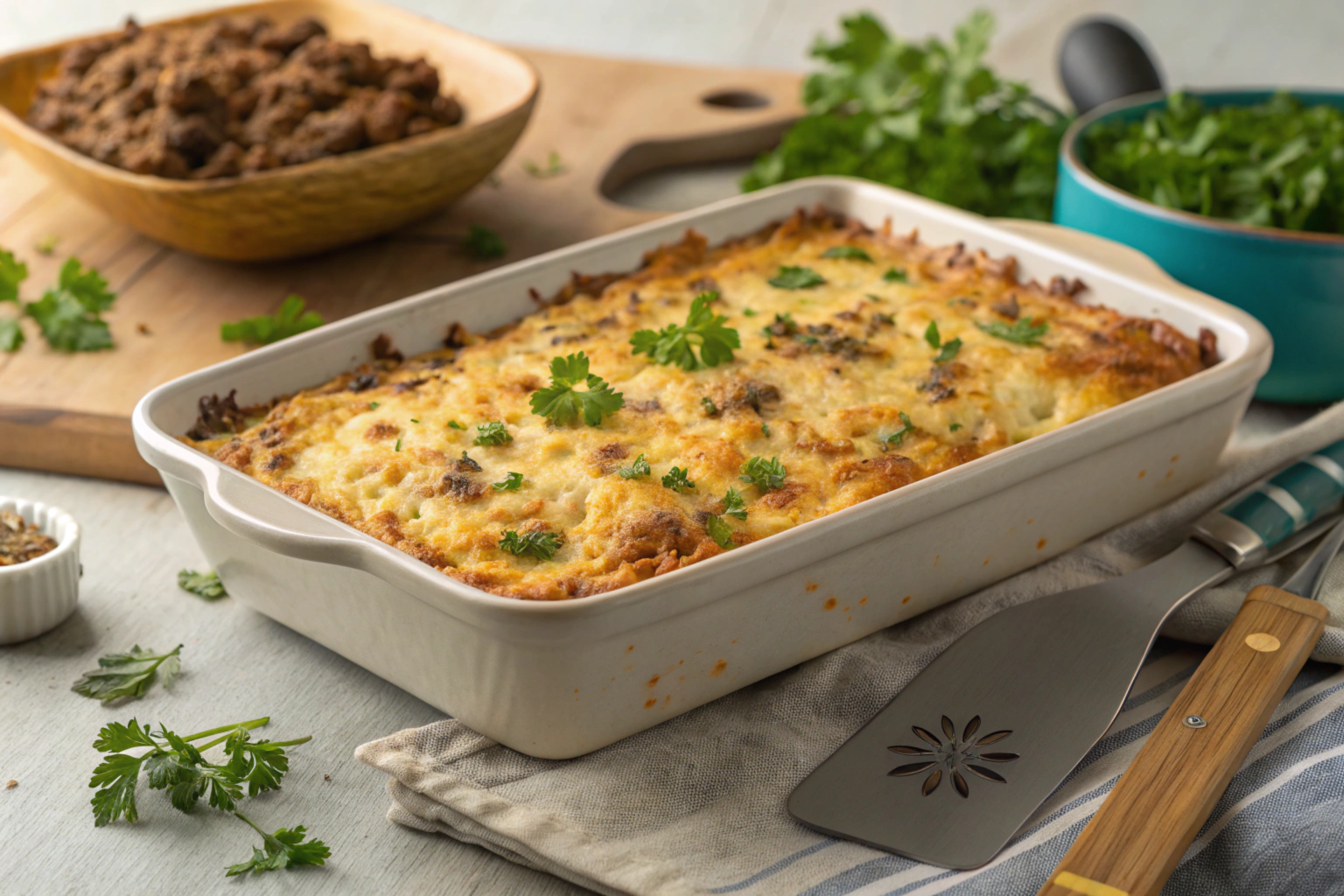 A freshly baked hashbrown casserole with ground beef, golden and cheesy on top, garnished with parsley, served in a white baking dish.