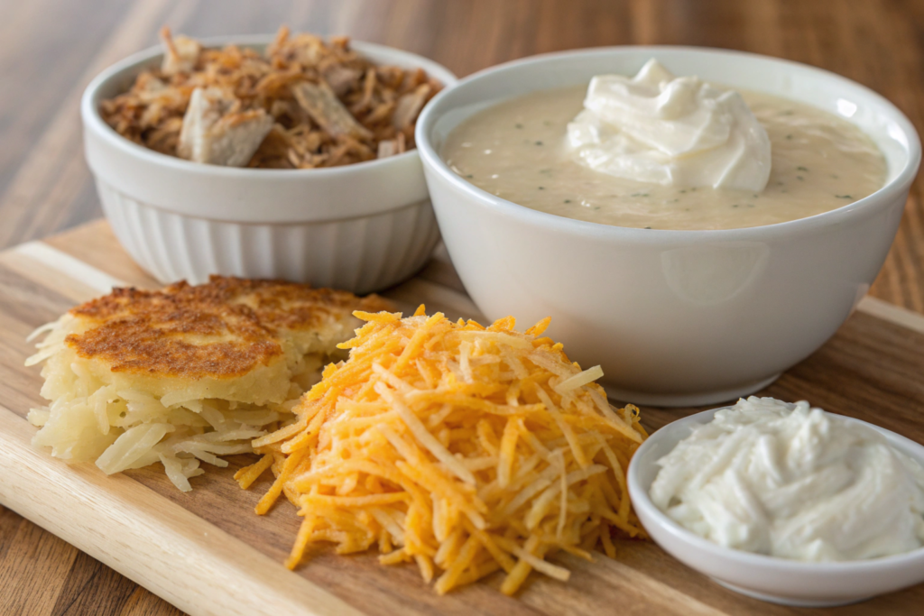 Golden, cheesy Cracker Barrel hashbrown casserole served warm from a slow cooker, with garnished green onions on top.





