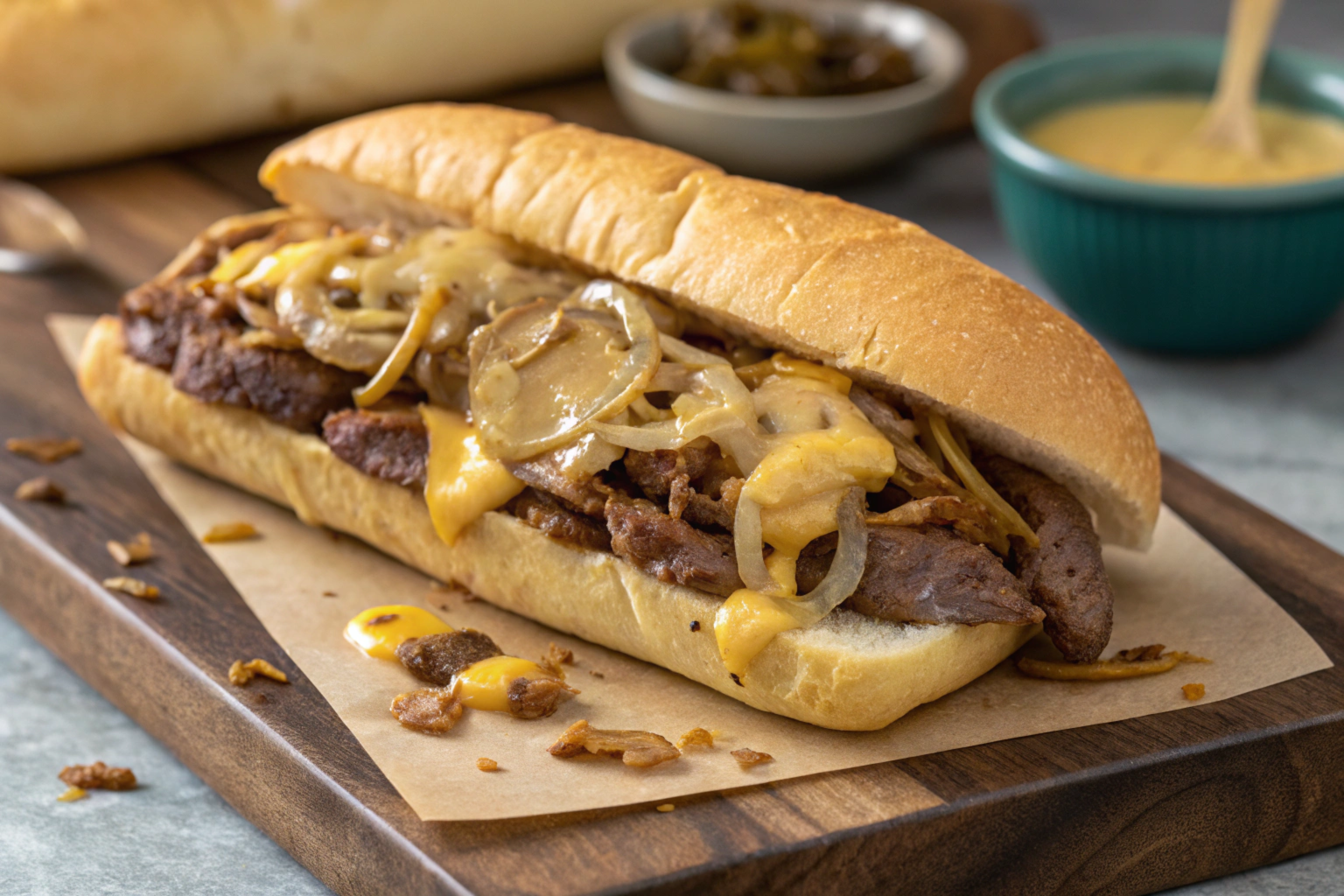 A juicy Philly cheesesteak sandwich with tender rib-eye slices, melted cheese, and caramelized onions served on a golden toasted hoagie roll.