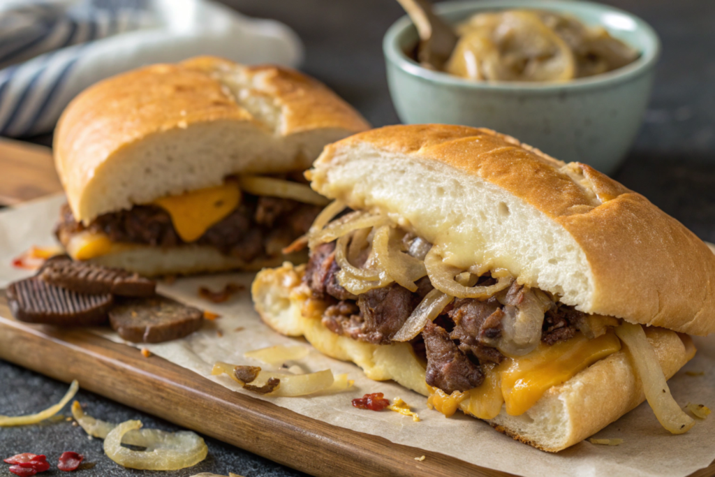 A juicy Philly cheesesteak sandwich with tender rib-eye slices, melted cheese, and caramelized onions served on a golden toasted hoagie roll.





