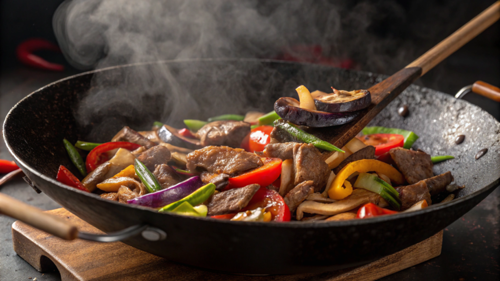 A vibrant plate of Eggplant Mushroom Stir Fry with Beef, featuring tender beef, golden mushrooms, and soft eggplant, garnished with sesame seeds and green onions.






