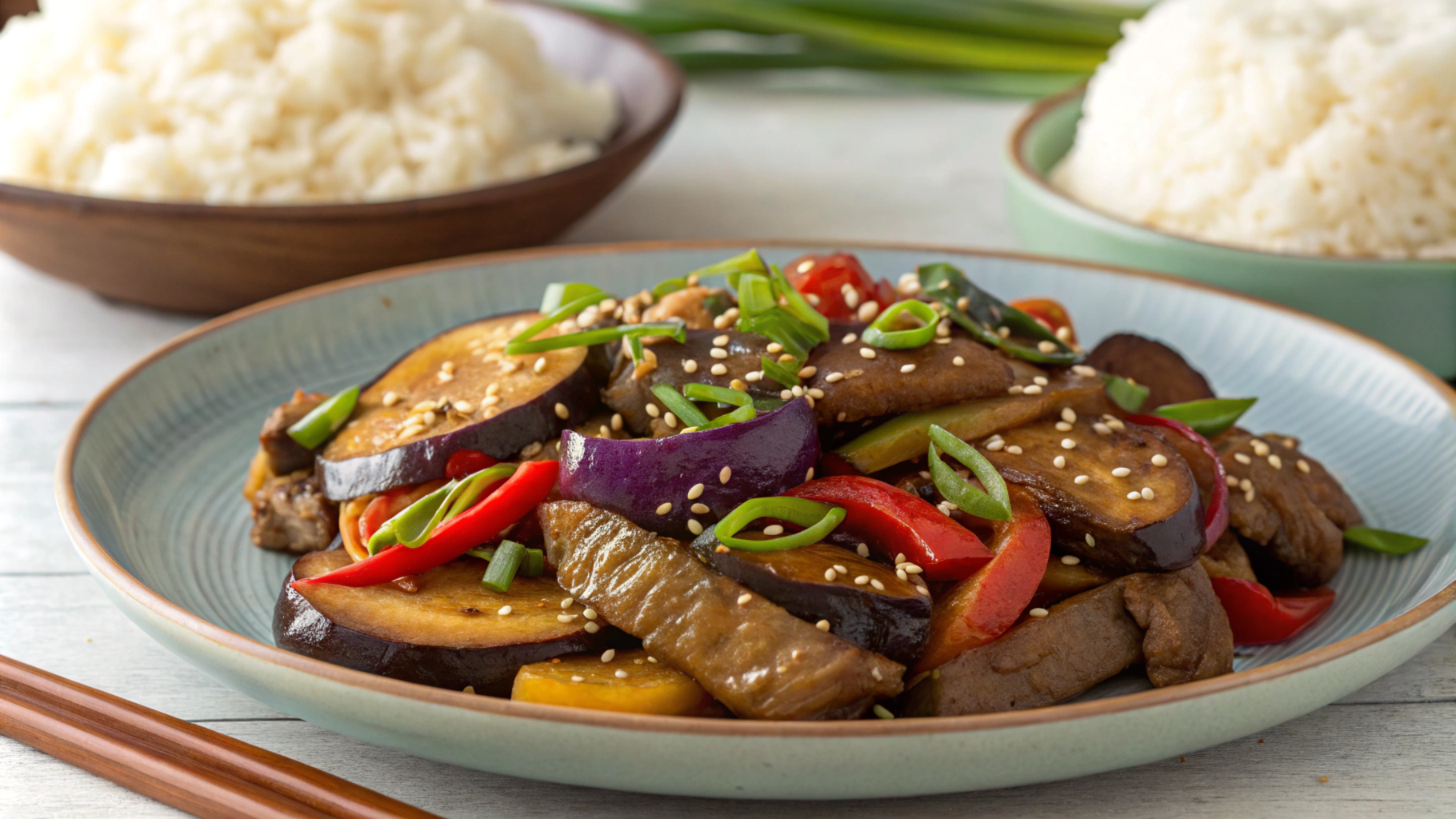 A vibrant plate of Eggplant Mushroom Stir Fry with Beef, featuring tender beef, golden mushrooms, and soft eggplant, garnished with sesame seeds and green onions.