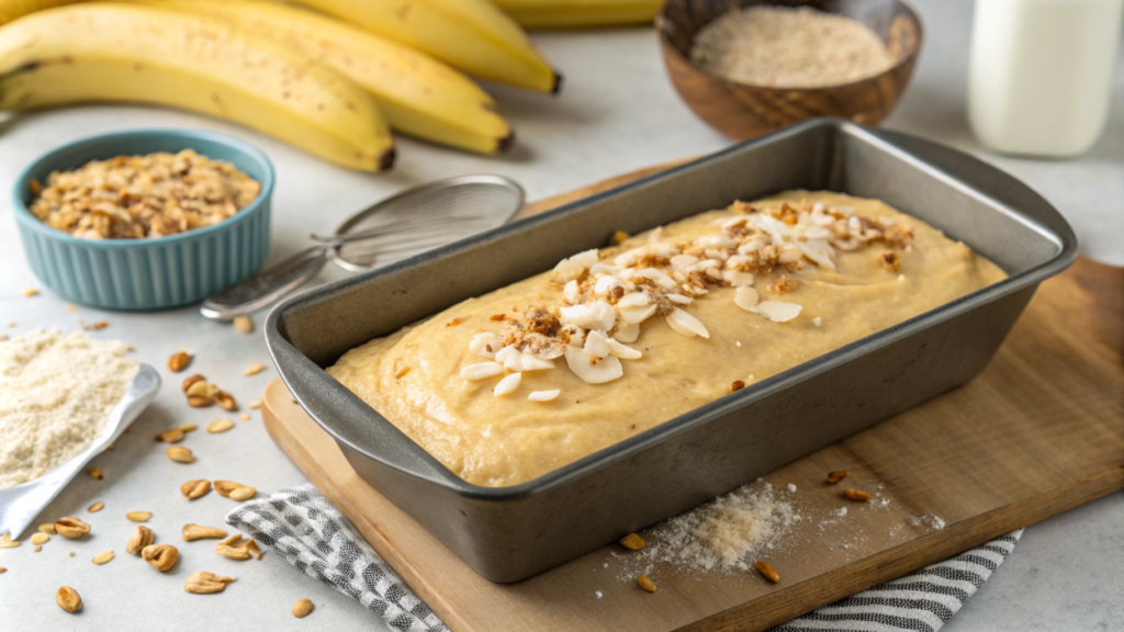 A sliced loaf of Hawaiian banana bread topped with toasted coconut, surrounded by fresh bananas, pineapple, and macadamia nuts on a rustic table.





