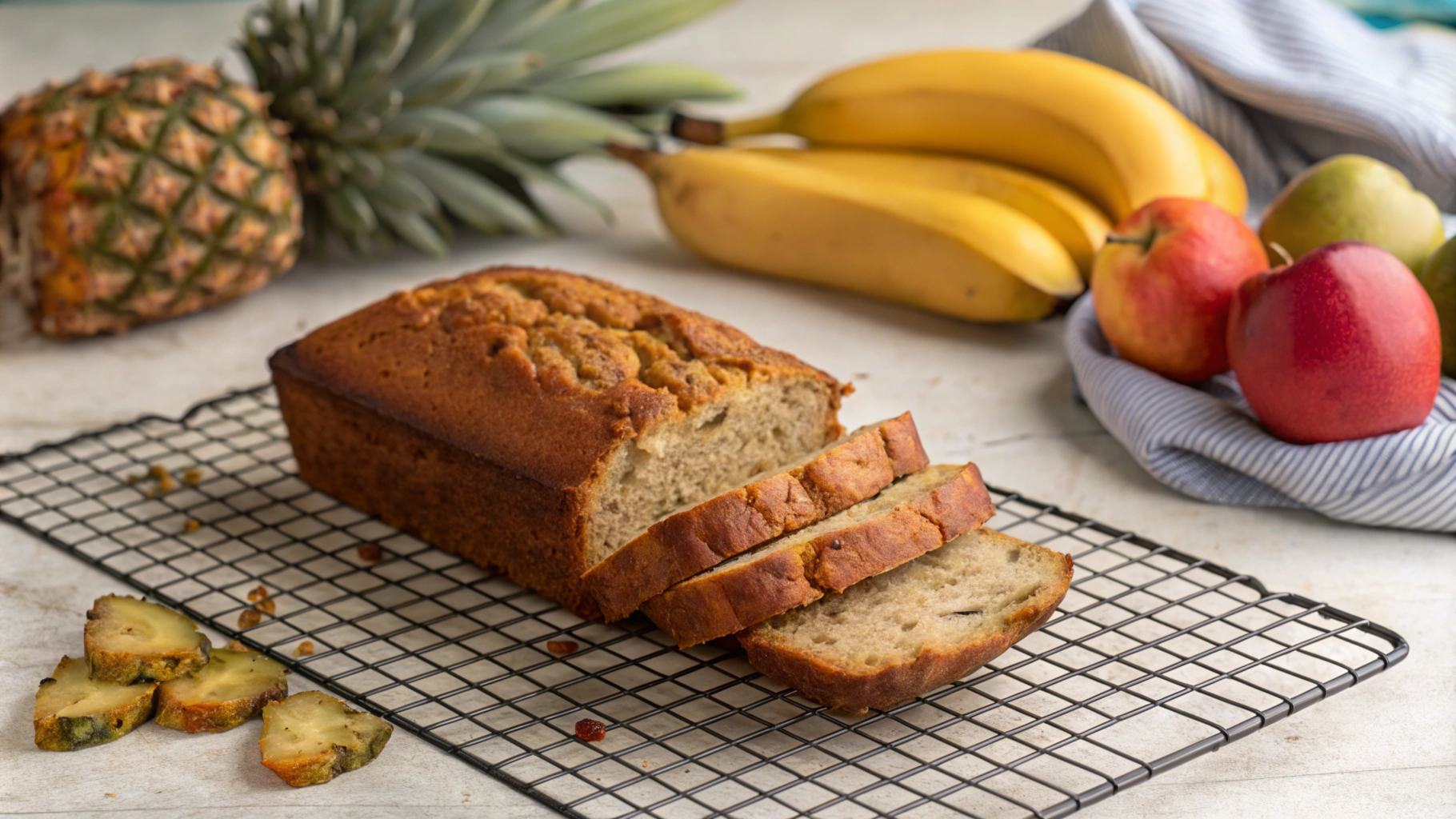 A sliced loaf of Hawaiian banana bread topped with toasted coconut, surrounded by fresh bananas, pineapple, and macadamia nuts on a rustic table.