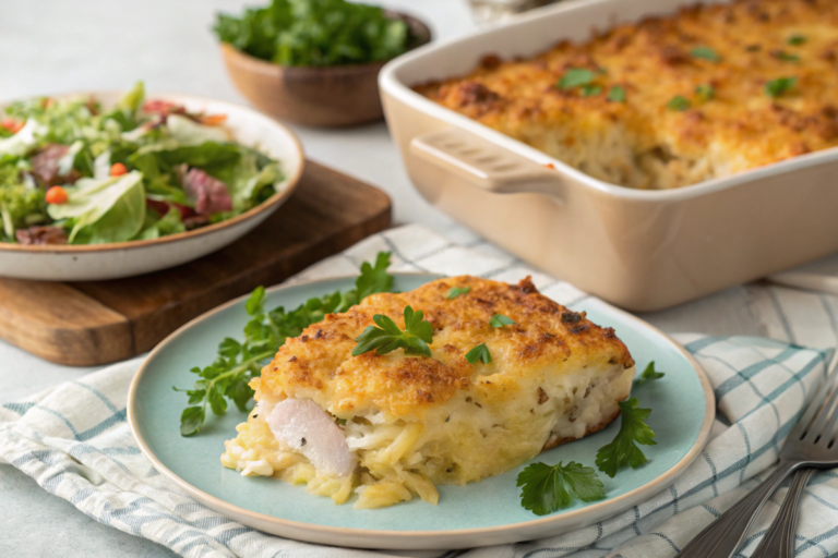 A golden-brown chicken hashbrown casserole topped with melted cheese and breadcrumbs, served in a white dish with fresh parsley garnish.