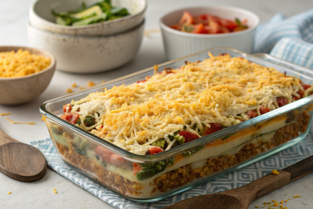 A golden-brown chicken hashbrown casserole topped with melted cheese and breadcrumbs, served in a white dish with fresh parsley garnish.






