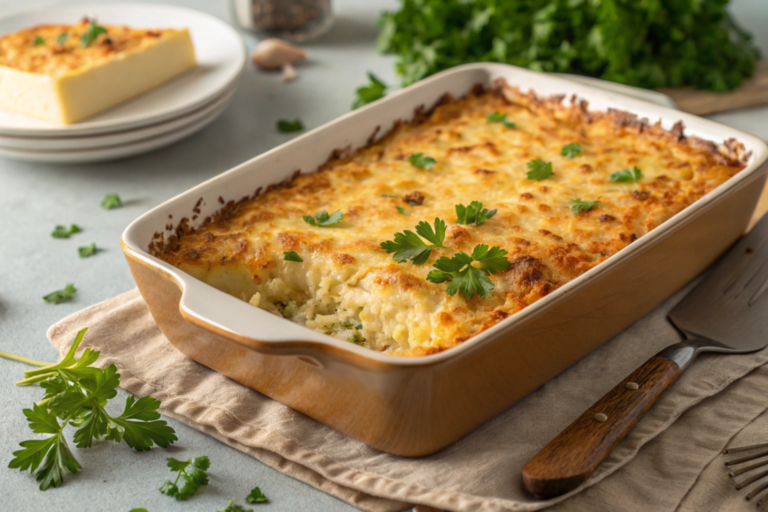 Golden-baked copycat Cracker Barrel hashbrown casserole topped with melted cheese, served in a white baking dish with a sprinkle of parsley.