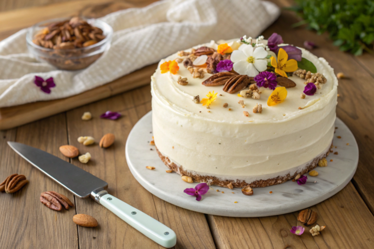 A moist Hummingbird Cake made with cake mix, topped with cream cheese frosting, pecans, and pineapple garnish, served on a rustic cake stand.