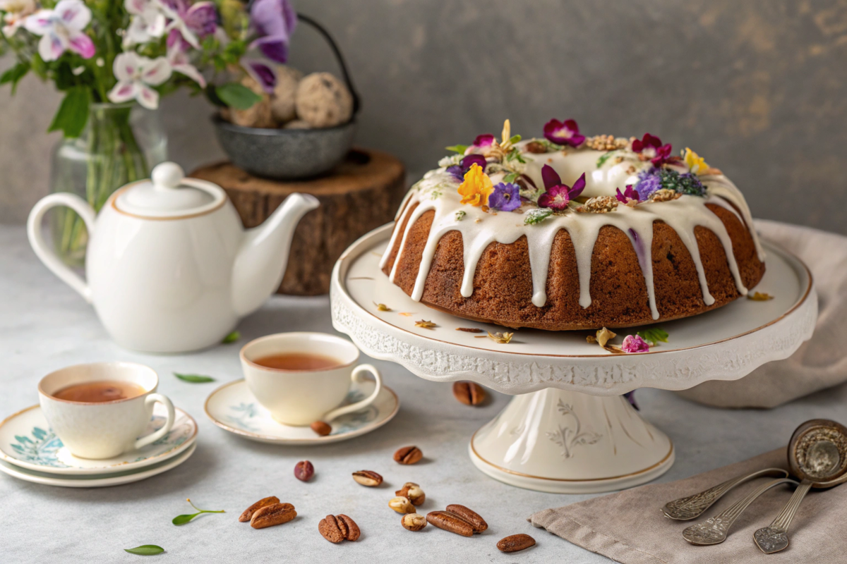 A golden Hummingbird Bundt Cake drizzled with cream cheese glaze, garnished with pecans and edible flowers, set on a wooden cake stand.