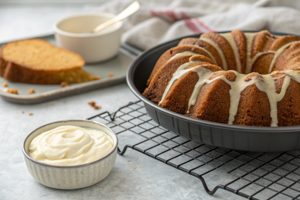 A golden Hummingbird Bundt Cake drizzled with cream cheese glaze, garnished with pecans and edible flowers, set on a wooden cake stand.





