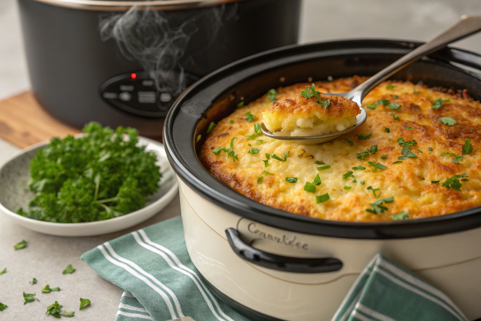 Golden-brown Cracker Barrel hashbrown casserole cooked in a crockpot, topped with melted cheese and parsley, served in a rustic dish.