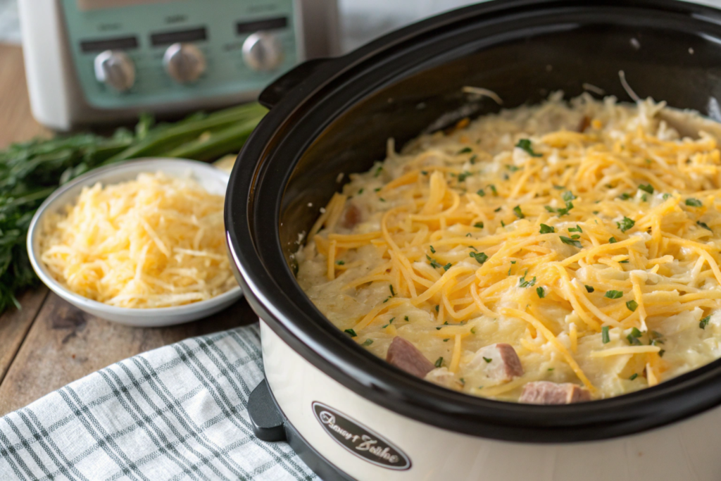 Golden-brown Cracker Barrel hashbrown casserole cooked in a crockpot, topped with melted cheese and parsley, served in a rustic dish.





