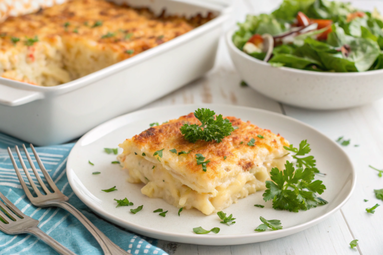 Golden Cracker Barrel Crockpot Hashbrown Casserole served on a plate with a fork, garnished with fresh parsley and melted cheese.