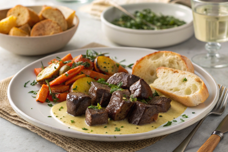 Perfectly seared steak bites garnished with garlic and herbs, served alongside roasted vegetables and a dipping sauce.