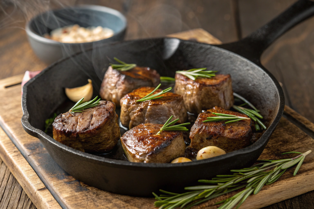 Perfectly seared steak bites garnished with garlic and herbs, served alongside roasted vegetables and a dipping sauce.





