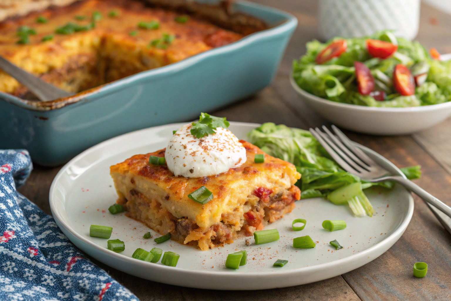 Layered Taco Crock Pot Hashbrown Casserole with golden melted cheese, garnished with diced tomatoes and green onions, served warm.