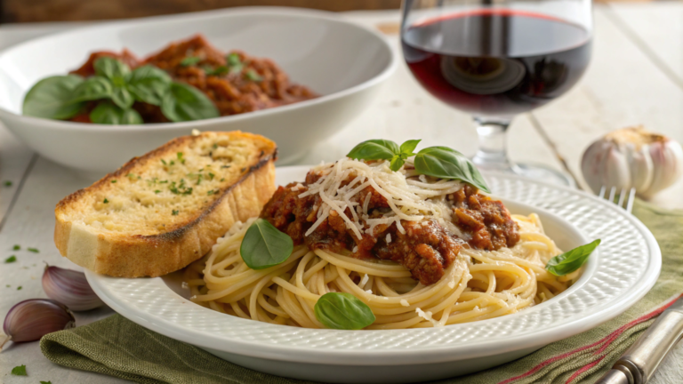 A plate of creamy Spaghetti Bolognese topped with Parmesan cheese and fresh basil, paired with garlic bread and a side of salad.