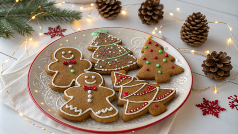 Decorated gluten-free Christmas cookies in festive shapes, including stars and trees, with colorful icing and sprinkles, arranged on a holiday plate.