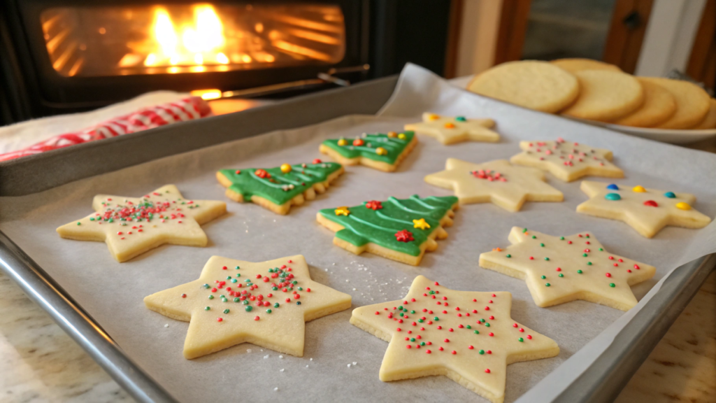 Decorated gluten-free Christmas cookies in festive shapes, including stars and trees, with colorful icing and sprinkles, arranged on a holiday plate.





