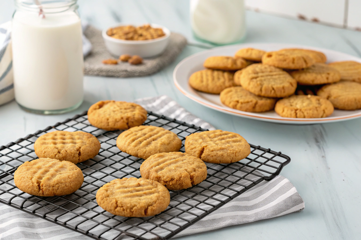 Freshly baked easy peanut butter cookies without eggs, golden brown with a crisscross pattern, placed on a cooling rack next to a glass of milk.