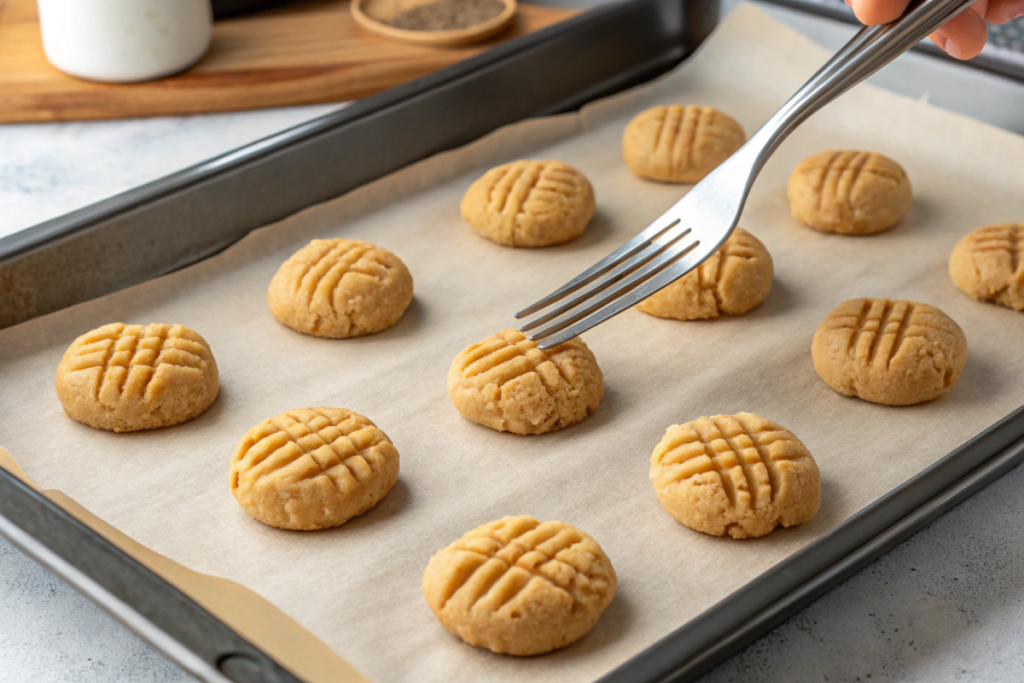 Freshly baked easy peanut butter cookies without eggs, golden brown with a crisscross pattern, placed on a cooling rack next to a glass of milk.





