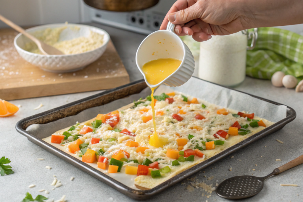 A clean sheet pan with parchment paper and evenly spread egg mixture topped with vegetables, ready to bake, set on a wooden countertop.





