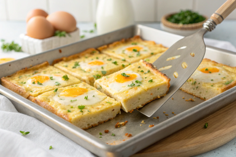 A clean sheet pan with parchment paper and evenly spread egg mixture topped with vegetables, ready to bake, set on a wooden countertop.