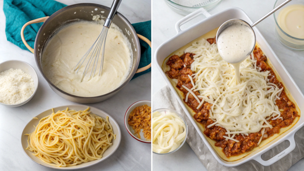 A comforting plate of creamy baked spaghetti casserole topped with melted cheese, fresh herbs, and served with a side of crispy garlic bread.






