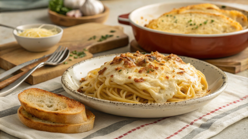 A comforting plate of creamy baked spaghetti casserole topped with melted cheese, fresh herbs, and served with a side of crispy garlic bread.






