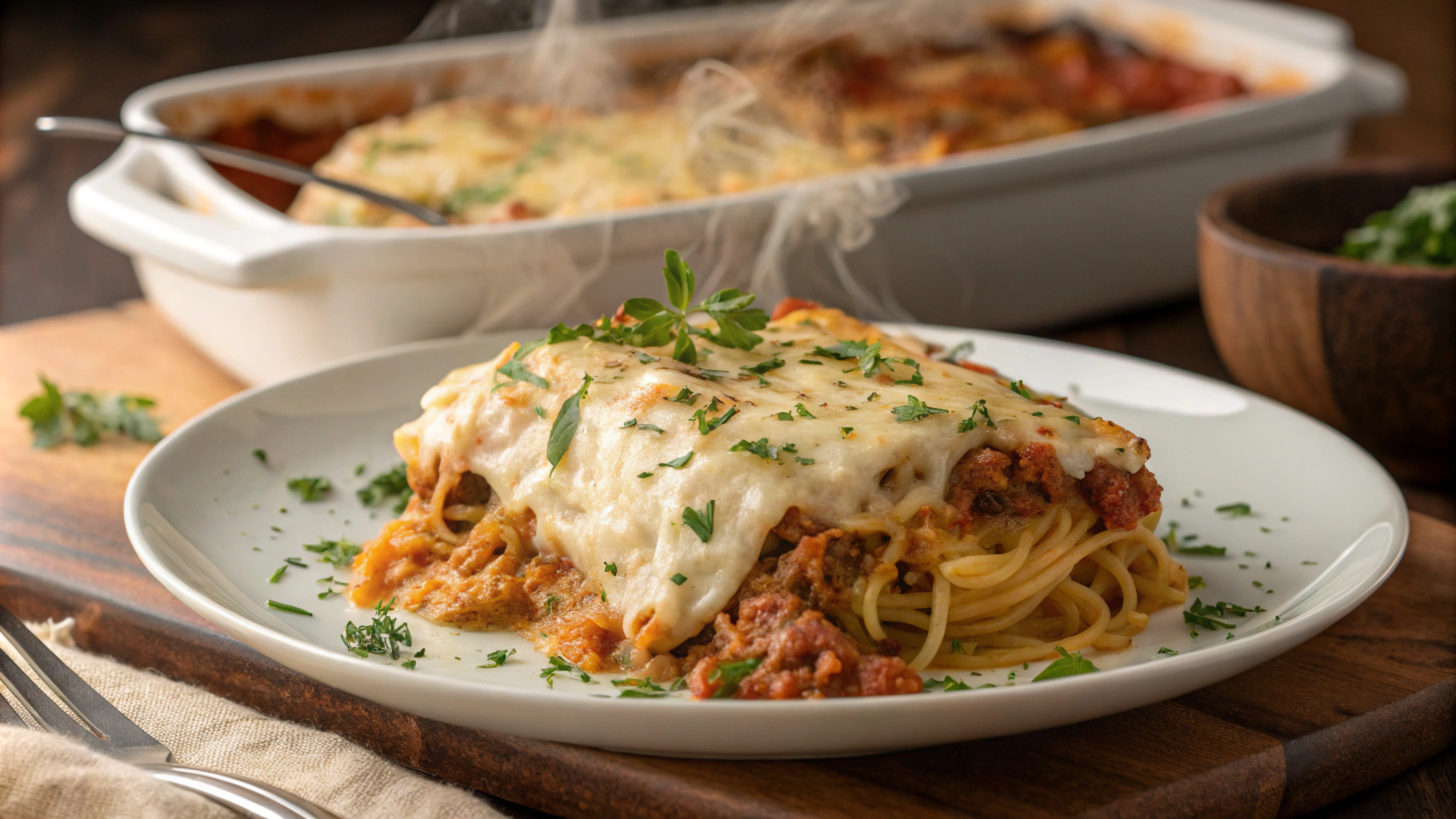 A comforting plate of creamy baked spaghetti casserole topped with melted cheese, fresh herbs, and served with a side of crispy garlic bread.