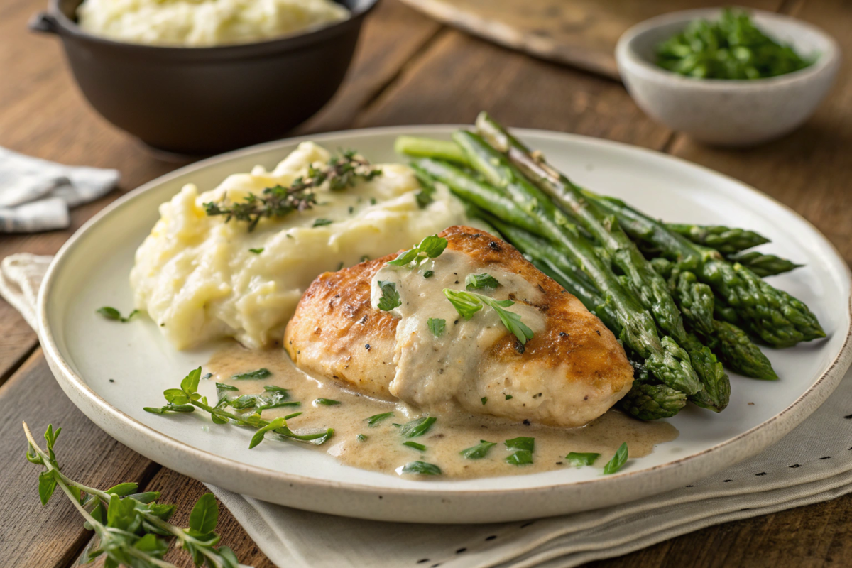 Succulent chicken in creamy tarragon herb sauce served with mashed potatoes and steamed vegetables, garnished with fresh tarragon leaves.