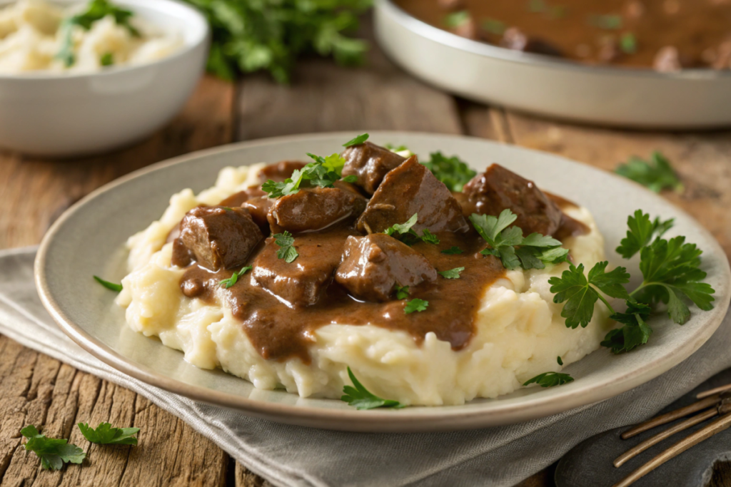 A plate of melt-in-your-mouth beef tips in savory brown gravy, served with mashed potatoes and steamed vegetables, garnished with parsley.





