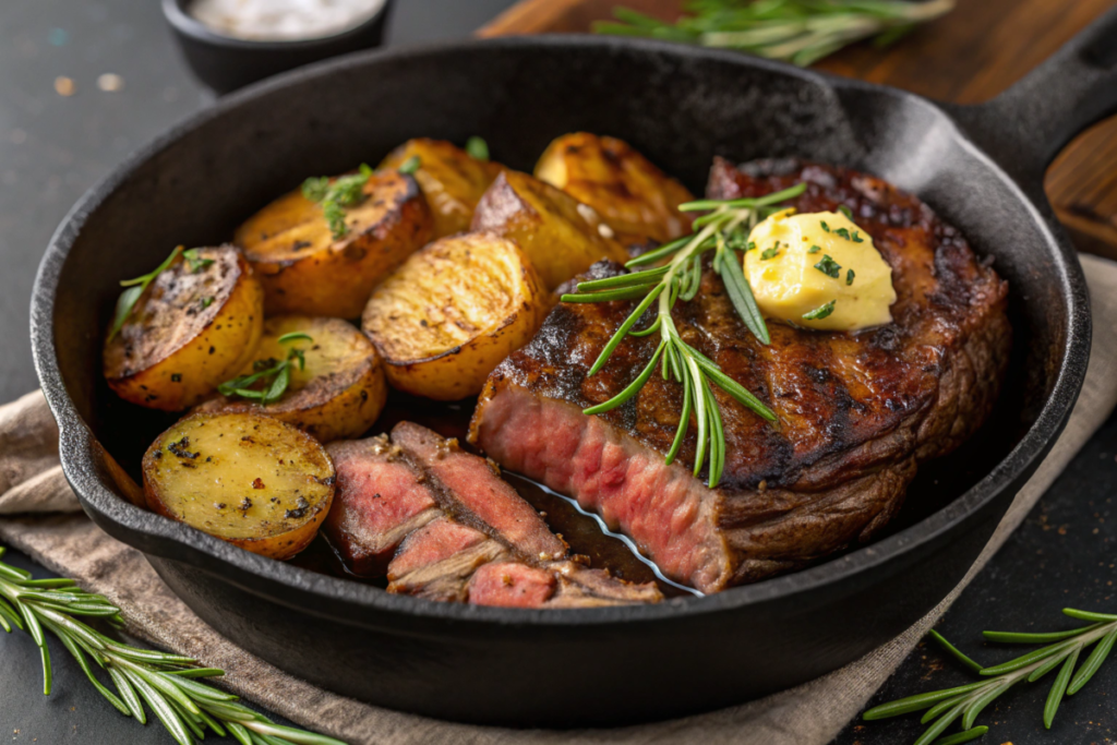 A one-pan garlic butter steak and potatoes dish featuring tender steak, crispy golden potatoes, and melted garlic butter, garnished with herbs