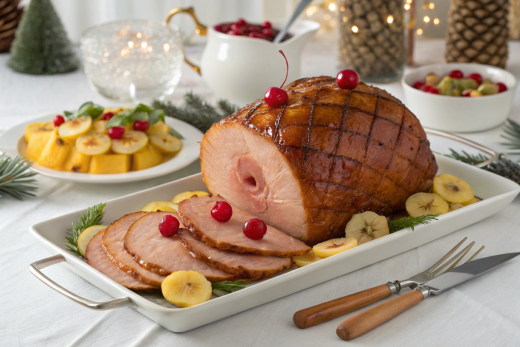 Brown Sugar Ham Glaze brushed over a baked ham, creating a caramelized crust, garnished with pineapples and cherries, perfect for a holiday meal.







