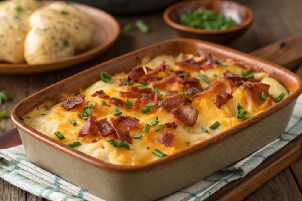 A hearty potato casserole with layers of creamy potatoes, crispy bacon, and melted cheddar cheese, garnished with chives in a baking dish.






