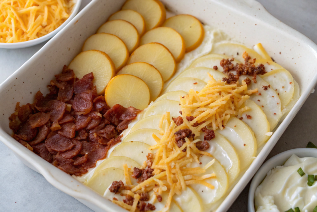 A hearty potato casserole with layers of creamy potatoes, crispy bacon, and melted cheddar cheese, garnished with chives in a baking dish.






