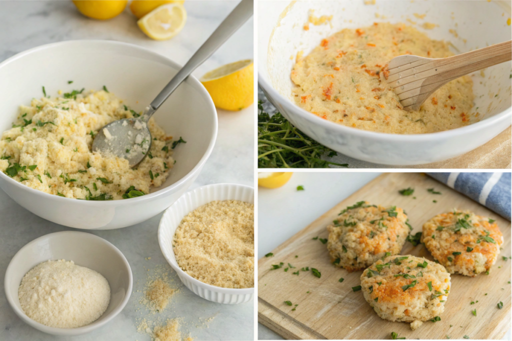 Golden brown Cheddar Bay crab cakes served on a plate with lemon wedges, parsley garnish, and a side of creamy remoulade sauce.






