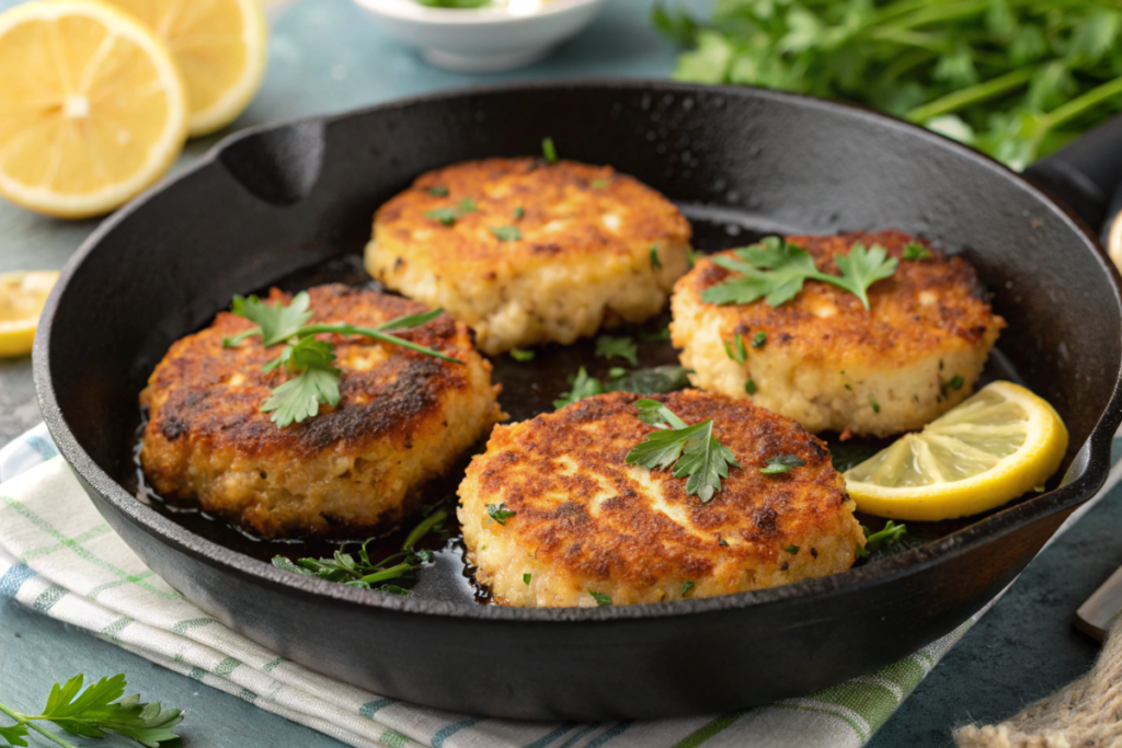 Golden brown Cheddar Bay crab cakes served on a plate with lemon wedges, parsley garnish, and a side of creamy remoulade sauce.






