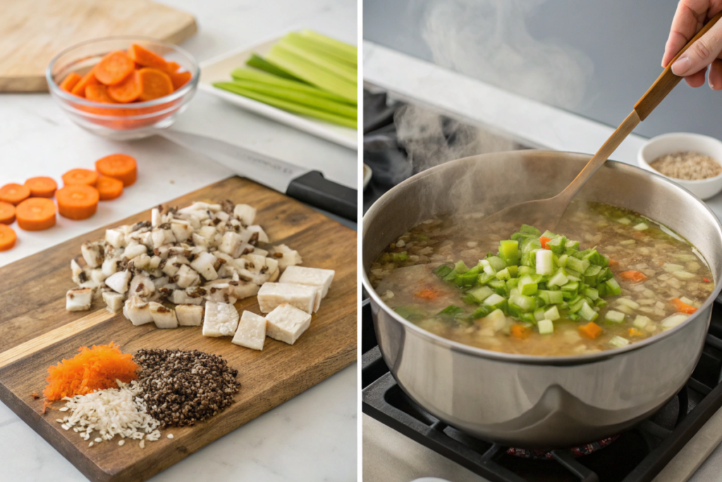 A comforting bowl of chicken and wild rice soup with tender chicken, vegetables, and wild rice in a creamy broth, garnished with fresh parsley.







