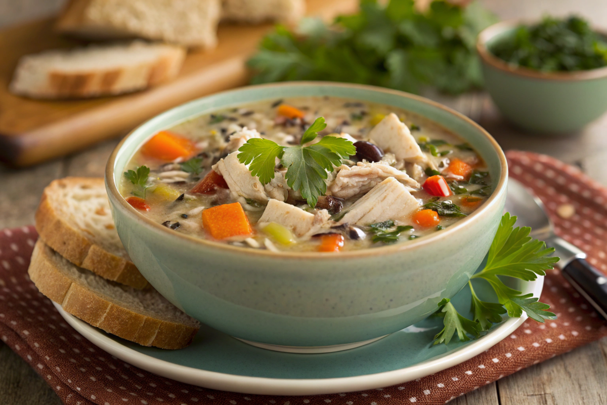 A comforting bowl of chicken and wild rice soup with tender chicken, vegetables, and wild rice in a creamy broth, garnished with fresh parsley.