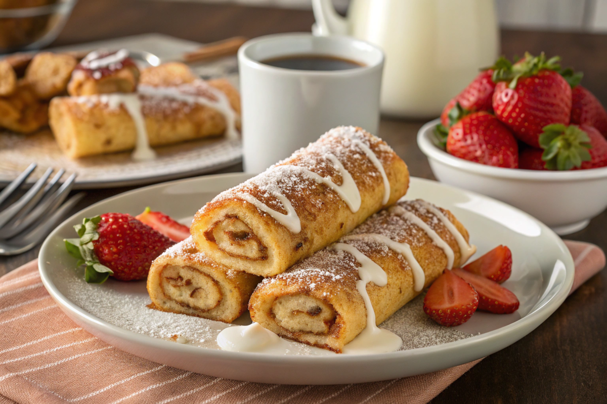 Cinnamon Roll French Toast Roll-Ups served on a plate with cream cheese glaze and fresh strawberries, perfect for breakfast.