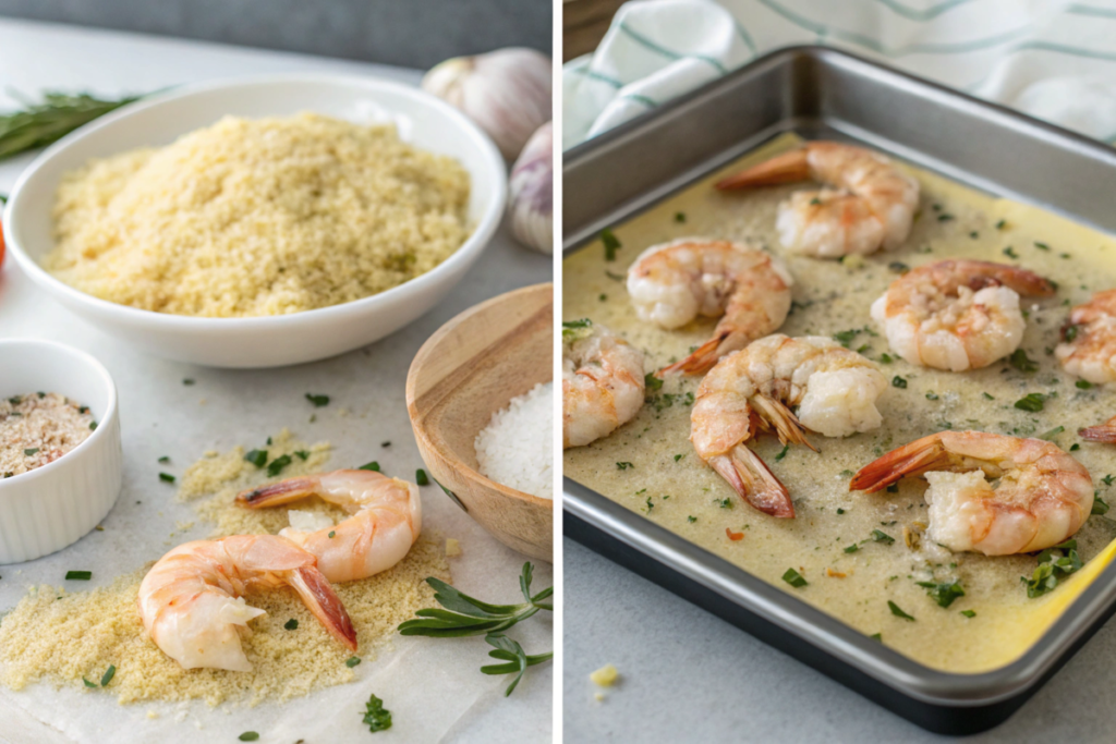 A baking sheet of garlic Parmesan roasted shrimp, golden and crispy, garnished with fresh parsley and served with lemon wedges.







